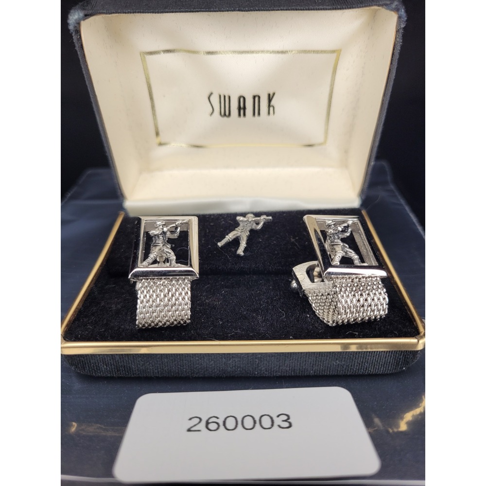 Swank Cufflink Tie Tack Set Silver Tone Soldier Rifleman Mesh Band Excellent